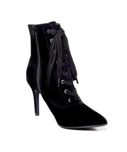 Joia What's New, Pussycat? Scorpio Stiletto Lace Up Hiker Bootie Heels In Midnight Black Faux Suede