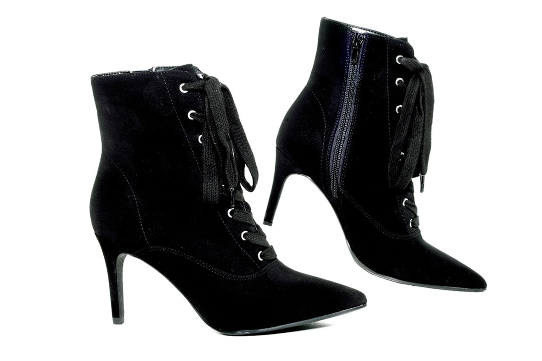 Joia Scorpio Stiletto Lace Up Hiker Bootie Heels In Midnight Black Faux Suede What's New, Pussycat? 3 Joia Scorpio Stiletto Lace Up Hiker Bootie Heels In Midnight Black Faux Suede What's New, Pussycat?
