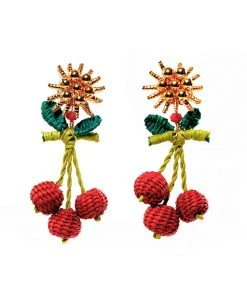 Hand Made Cherry Raffia & Beaded Dangle Earrings | Evelyn Ariza Shop All In-Stock Items By Size