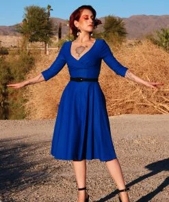 Erin Vintage Style Swing Dress In Bright Blue Bengaline | Pinup Couture What's New, Pussycat?