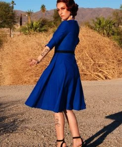 Erin Vintage Style Swing Dress In Bright Blue Bengaline | Pinup Couture What's New, Pussycat?