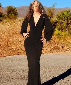 Pinup Girl Clothing Shop All In-Stock Items By Size Gia Art Deco Gown In Black With Bishop Sleeves | Laura Byrnes