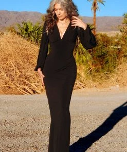 Pinup Girl Clothing Shop All In-Stock Items By Size Gia Art Deco Gown In Black With Bishop Sleeves | Laura Byrnes