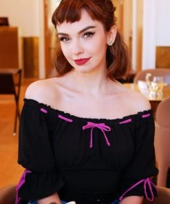 What's New, Pussycat? Chérie Peasant Top In Black With Orchid Ribbon Trim | Laura Byrnes Design