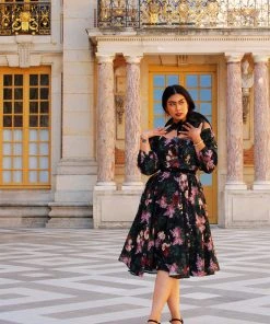 Shop All In-Stock Items By Size Final Sale - Marie-Thérèse Peasant Dress In Dark Bella Roses Crepe | Pinup Couture