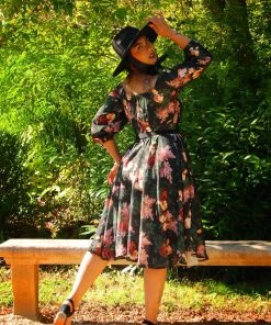 Shop All In-Stock Items By Size Final Sale - Marie-Thérèse Peasant Dress In Dark Bella Roses Crepe | Pinup Couture
