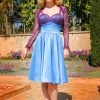 Final Sale - Courtney Vintage Swing Dress In Blue Stretch Satin With Lace Trim | Pinup Couture Shop All In-Stock Items By Size