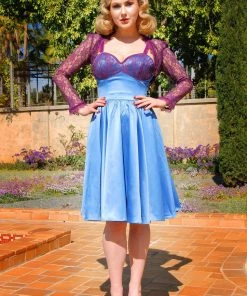 Final Sale - Courtney Vintage Swing Dress In Blue Stretch Satin With Lace Trim | Pinup Couture 11 Final Sale - Courtney Vintage Swing Dress In Blue Stretch Satin With Lace Trim | Pinup Couture