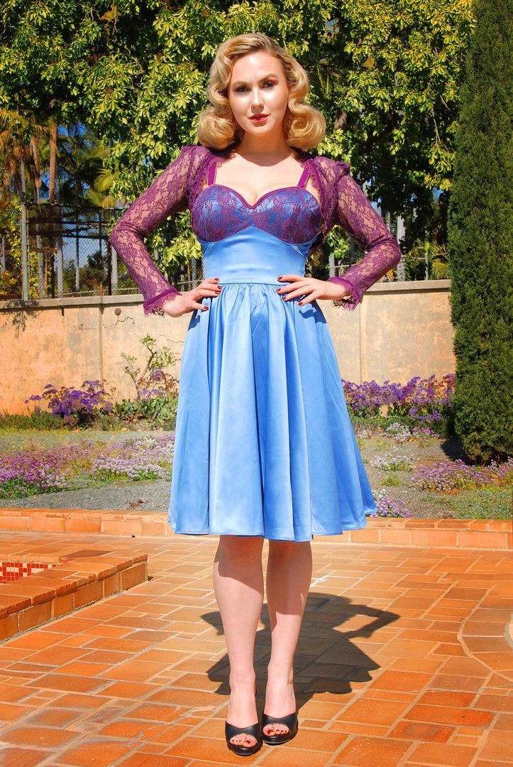 Final Sale - Courtney Vintage Swing Dress In Blue Stretch Satin With Lace Trim | Pinup Couture 7 Final Sale - Courtney Vintage Swing Dress In Blue Stretch Satin With Lace Trim | Pinup Couture