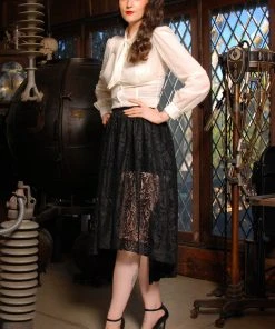 OYS - XS - S -Final Sale - Bella Gothic High-low Skirt In Solid Black Bisou Lace | Pinup Couture