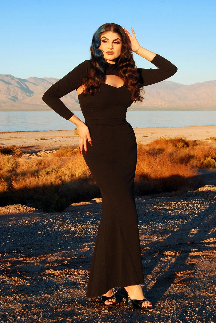 Supreme Maxi Dress With Removable Shrug In Black Stretch Crepe | Traci Lords Shop All In-Stock Items By Size 5 Supreme Maxi Dress With Removable Shrug In Black Stretch Crepe | Traci Lords Shop All In-Stock Items By Size