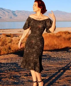 Final Sale - Butterfly 40's Tulip Dress In Black Widow Spiderweb Crepe | Pinup Couture Shop All In-Stock Items By Size