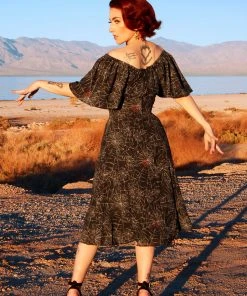 Shop All In-Stock Items By Size Final Sale - Butterfly 40's Tulip Dress In Black Widow Spiderweb Crepe | Pinup Couture