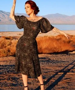 Shop All In-Stock Items By Size Final Sale - Butterfly 40's Tulip Dress In Black Widow Spiderweb Crepe | Pinup Couture