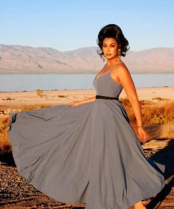 Shop All In-Stock Items By Size Final Sale - Amalie Ballerina Daytime Maxi Gown In Smoke Blue | Pinup Couture