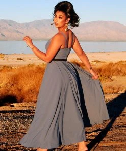 Shop All In-Stock Items By Size Final Sale - Amalie Ballerina Daytime Maxi Gown In Smoke Blue | Pinup Couture