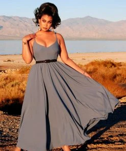 Final Sale - Amalie Ballerina Daytime Maxi Gown In Smoke Blue | Pinup Couture