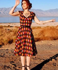 All In Stock Size XS Heidi Dress In Burgundy And Gold House Harlequin | Pinup Couture