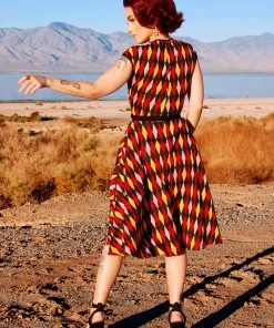 All In Stock Size XS Heidi Dress In Burgundy And Gold House Harlequin | Pinup Couture