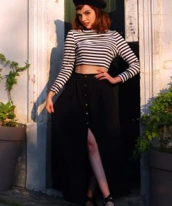 LB Selene Button Front Midi Skirt In Black Stretch Crepe | Laura Byrnes What's New, Pussycat?