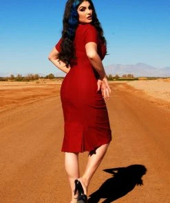 Priscilla 60s Wiggle Dress In Garnet Red Stretch Bengaline | Pinup Couture