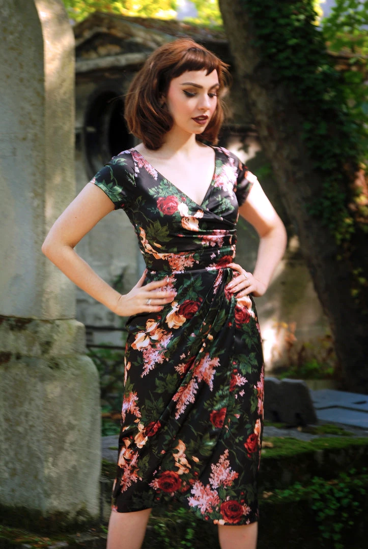 Final Sale - Ava Faux Wrap Wiggle Dress In Dark Bella Roses Satin | Pinup Couture Shop All In-Stock Items By Size 8 Final Sale - Ava Faux Wrap Wiggle Dress In Dark Bella Roses Satin | Pinup Couture Shop All In-Stock Items By Size