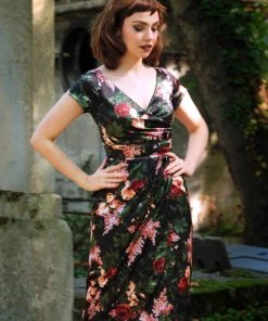 Final Sale - Ava Faux Wrap Wiggle Dress In Dark Bella Roses Satin | Pinup Couture