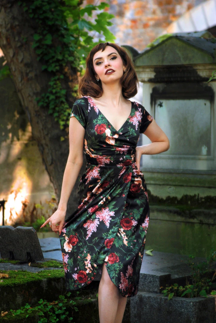 Final Sale - Ava Faux Wrap Wiggle Dress In Dark Bella Roses Satin | Pinup Couture Shop All In-Stock Items By Size 3 Final Sale - Ava Faux Wrap Wiggle Dress In Dark Bella Roses Satin | Pinup Couture Shop All In-Stock Items By Size
