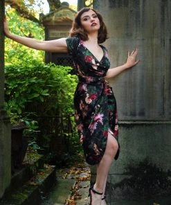 Final Sale - Ava Faux Wrap Wiggle Dress In Dark Bella Roses Satin | Pinup Couture Shop All In-Stock Items By Size 16 Final Sale - Ava Faux Wrap Wiggle Dress In Dark Bella Roses Satin | Pinup Couture Shop All In-Stock Items By Size