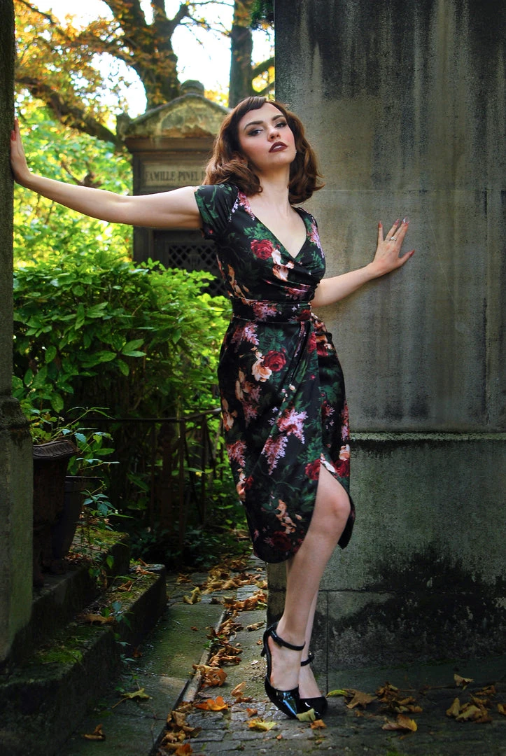 Final Sale - Ava Faux Wrap Wiggle Dress In Dark Bella Roses Satin | Pinup Couture Shop All In-Stock Items By Size 5 Final Sale - Ava Faux Wrap Wiggle Dress In Dark Bella Roses Satin | Pinup Couture Shop All In-Stock Items By Size