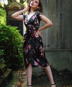 Final Sale - Ava Faux Wrap Wiggle Dress In Dark Bella Roses Satin | Pinup Couture