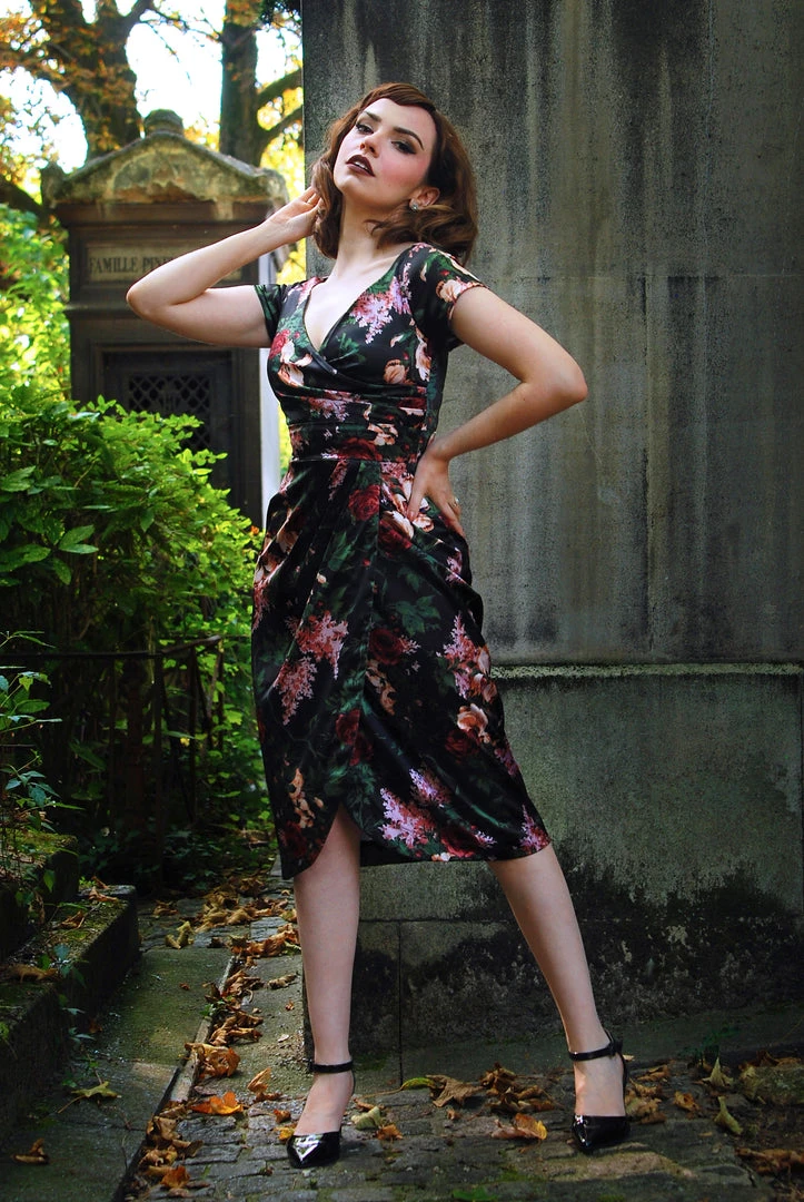 Final Sale - Ava Faux Wrap Wiggle Dress In Dark Bella Roses Satin | Pinup Couture Shop All In-Stock Items By Size 6 Final Sale - Ava Faux Wrap Wiggle Dress In Dark Bella Roses Satin | Pinup Couture Shop All In-Stock Items By Size