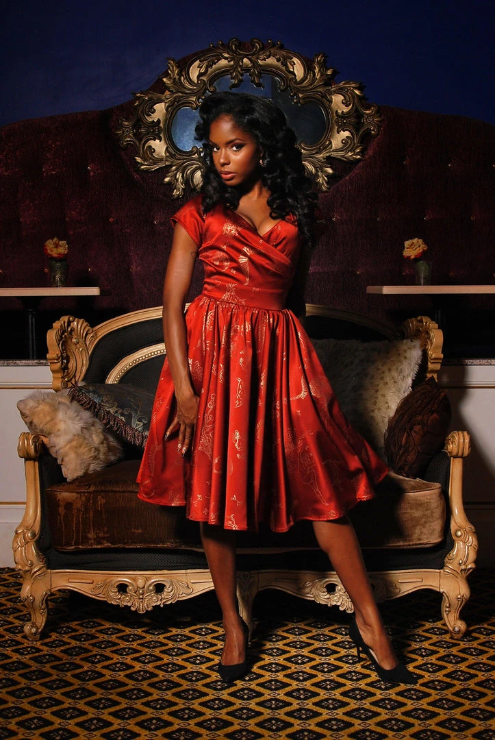 Laura Byrnes Design Final Sale - Ava Swing Cocktail Dress In Burgundy Witchy Toile Satin | Laura Byrnes Shop All In-Stock Items By Size 6 Laura Byrnes Design Final Sale - Ava Swing Cocktail Dress In Burgundy Witchy Toile Satin | Laura Byrnes Shop All In-Stock Items By Size