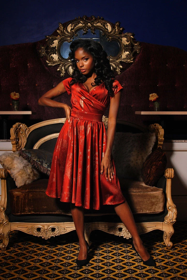 Laura Byrnes Design Final Sale - Ava Swing Cocktail Dress In Burgundy Witchy Toile Satin | Laura Byrnes Shop All In-Stock Items By Size 5 Laura Byrnes Design Final Sale - Ava Swing Cocktail Dress In Burgundy Witchy Toile Satin | Laura Byrnes Shop All In-Stock Items By Size