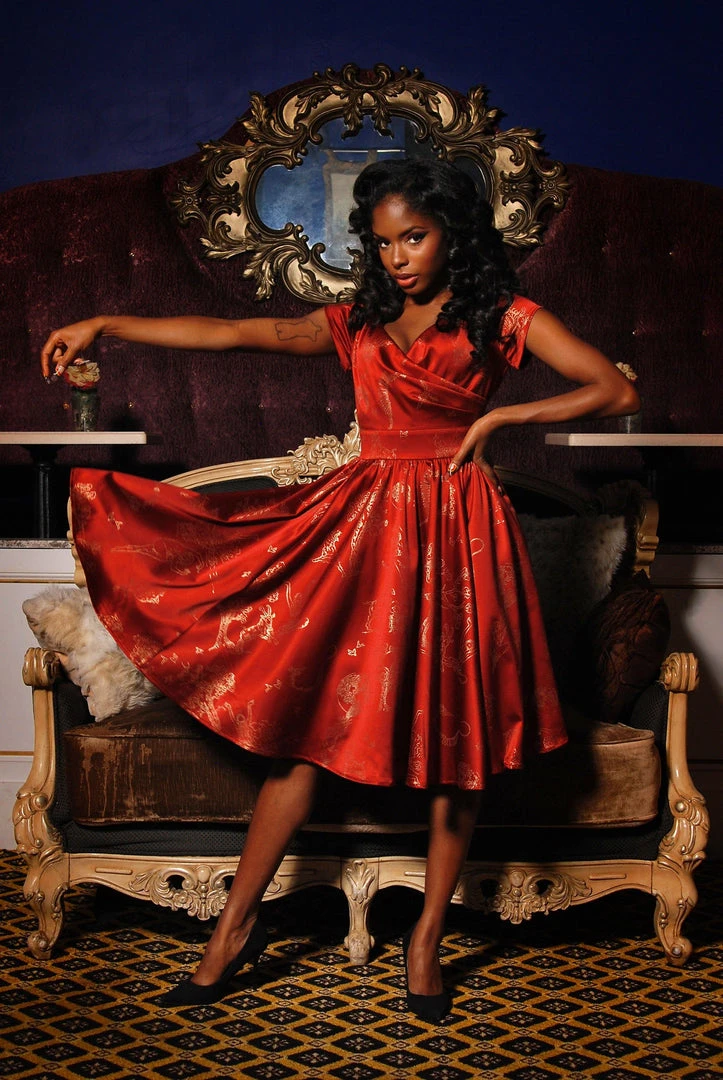 Laura Byrnes Design Final Sale - Ava Swing Cocktail Dress In Burgundy Witchy Toile Satin | Laura Byrnes Shop All In-Stock Items By Size 7 Laura Byrnes Design Final Sale - Ava Swing Cocktail Dress In Burgundy Witchy Toile Satin | Laura Byrnes Shop All In-Stock Items By Size