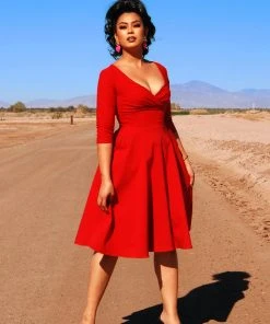 Erin Vintage Style Swing Dress In Cherry Red Bengaline | Pinup Couture 8 Erin Vintage Style Swing Dress In Cherry Red Bengaline | Pinup Couture