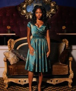 Laura Byrnes Design Shop All In-Stock Items By Size Final Sale - Ava Vintage Style Swing Cocktail Dress In Teal & Gold Spiderweb Satin | Laura Byrnes