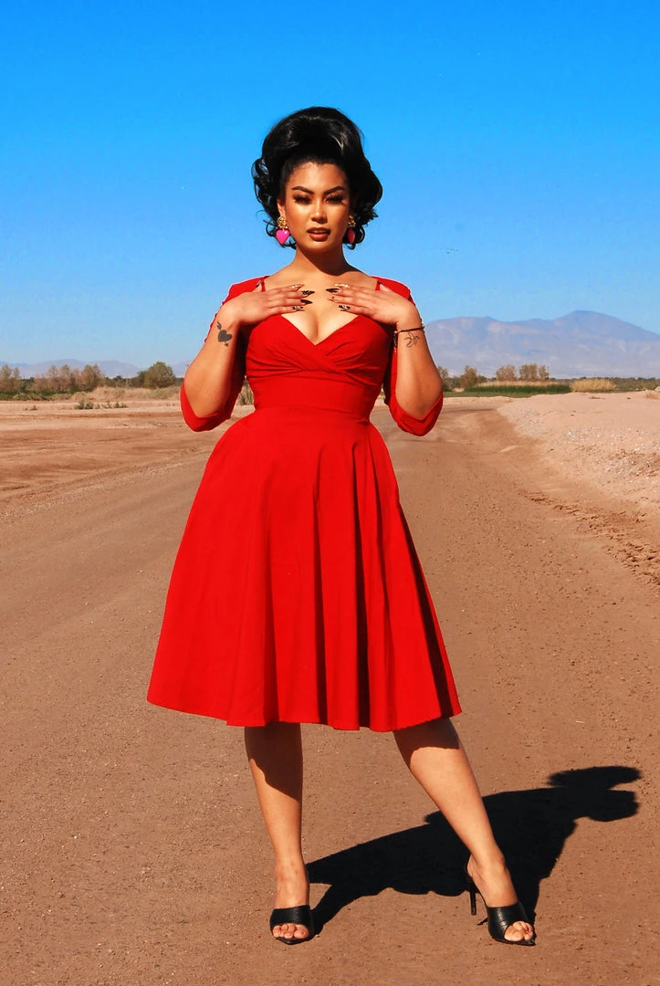 Erin Vintage Style Swing Dress In Cherry Red Bengaline | Pinup Couture 6 Erin Vintage Style Swing Dress In Cherry Red Bengaline | Pinup Couture