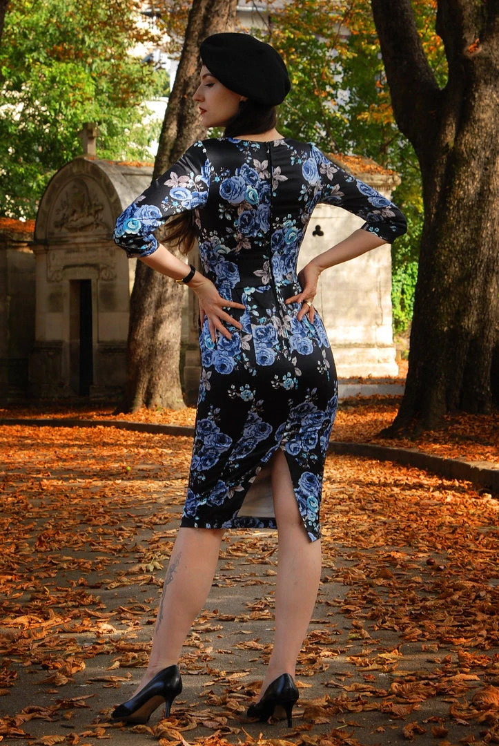 Pinupgirlclothing.com Mona Wiggle Dress In Blue Roses Satin | Pinup Couture What's New, Pussycat? 7 Pinupgirlclothing.com Mona Wiggle Dress In Blue Roses Satin | Pinup Couture What's New, Pussycat?