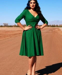 Erin Vintage Style Swing Dress In Kelly Green Bengaline | Pinup Couture