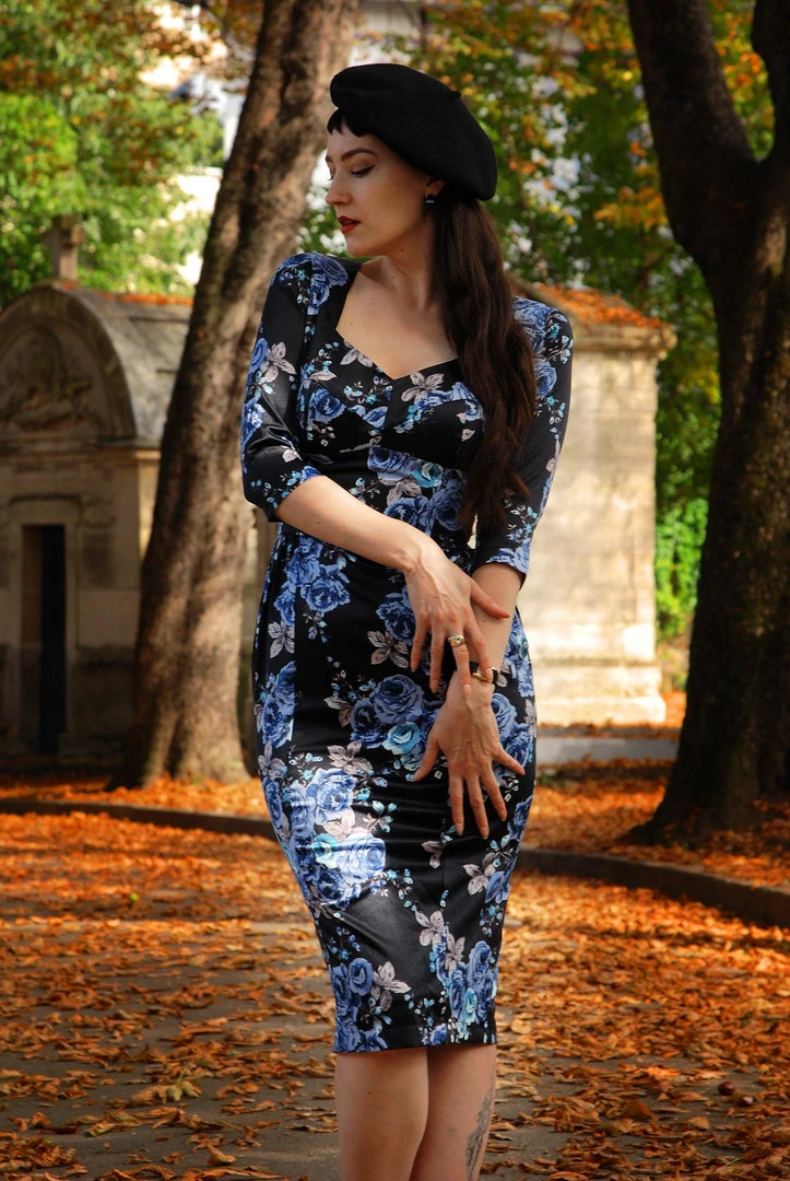 Pinupgirlclothing.com Mona Wiggle Dress In Blue Roses Satin | Pinup Couture What's New, Pussycat? 6 Pinupgirlclothing.com Mona Wiggle Dress In Blue Roses Satin | Pinup Couture What's New, Pussycat?