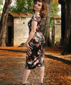 Final Sale - Ava Faux Wrap Wiggle Dress In Dark Bella Roses Satin | Pinup Couture Shop All In-Stock Items By Size 22 Final Sale - Ava Faux Wrap Wiggle Dress In Dark Bella Roses Satin | Pinup Couture Shop All In-Stock Items By Size