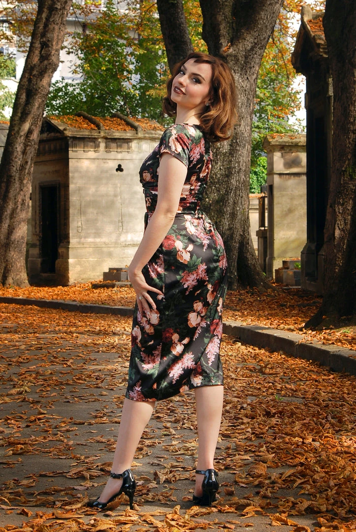 Final Sale - Ava Faux Wrap Wiggle Dress In Dark Bella Roses Satin | Pinup Couture Shop All In-Stock Items By Size 11 Final Sale - Ava Faux Wrap Wiggle Dress In Dark Bella Roses Satin | Pinup Couture Shop All In-Stock Items By Size