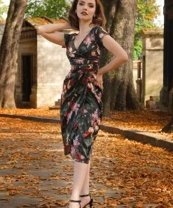 Final Sale - Ava Faux Wrap Wiggle Dress In Dark Bella Roses Satin | Pinup Couture Shop All In-Stock Items By Size 18 Final Sale - Ava Faux Wrap Wiggle Dress In Dark Bella Roses Satin | Pinup Couture Shop All In-Stock Items By Size