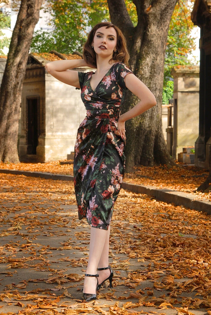 Final Sale - Ava Faux Wrap Wiggle Dress In Dark Bella Roses Satin | Pinup Couture Shop All In-Stock Items By Size 7 Final Sale - Ava Faux Wrap Wiggle Dress In Dark Bella Roses Satin | Pinup Couture Shop All In-Stock Items By Size