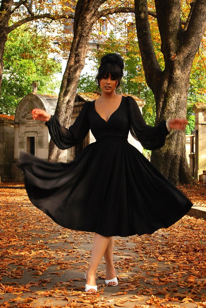 Pinupgirlclothing.com Kara Swing Dress In Black Crepe And Chiffon Sleeves | Laura Byrnes Design What's New, Pussycat? 5 Pinupgirlclothing.com Kara Swing Dress In Black Crepe And Chiffon Sleeves | Laura Byrnes Design What's New, Pussycat?