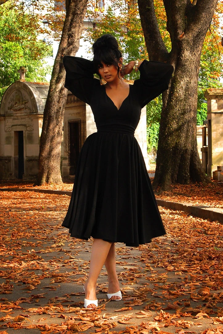 Pinupgirlclothing.com Kara Swing Dress In Black Crepe And Chiffon Sleeves | Laura Byrnes Design What's New, Pussycat? 6 Pinupgirlclothing.com Kara Swing Dress In Black Crepe And Chiffon Sleeves | Laura Byrnes Design What's New, Pussycat?