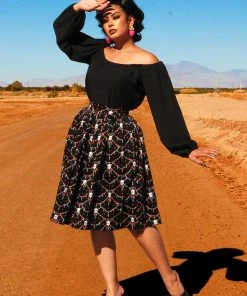 LBHM Bella Gathered Swing Skirt In Halloween Skull Lace Print | Laura Byrnes & Hope Johnstun What's New, Pussycat?