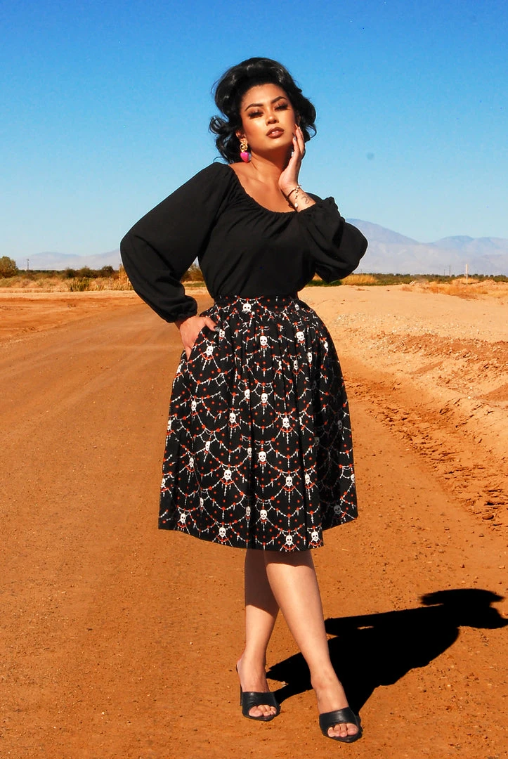 LBHM Bella Gathered Swing Skirt In Halloween Skull Lace Print | Laura Byrnes & Hope Johnstun What's New, Pussycat? 3 LBHM Bella Gathered Swing Skirt In Halloween Skull Lace Print | Laura Byrnes & Hope Johnstun What's New, Pussycat?