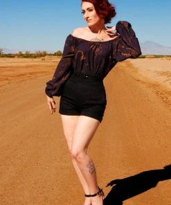 Pinupy Girl Store 17 Final Sale - Sylvie Long Sleeve Peasant Top In Purple And Gold Witchy Toile | Laura Byrnes Design